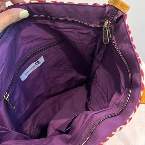 Boho Tote Bag Maroon Woven Ethnic Pockets Geometric Shoulder Leather Straps - Picture 11 of 14